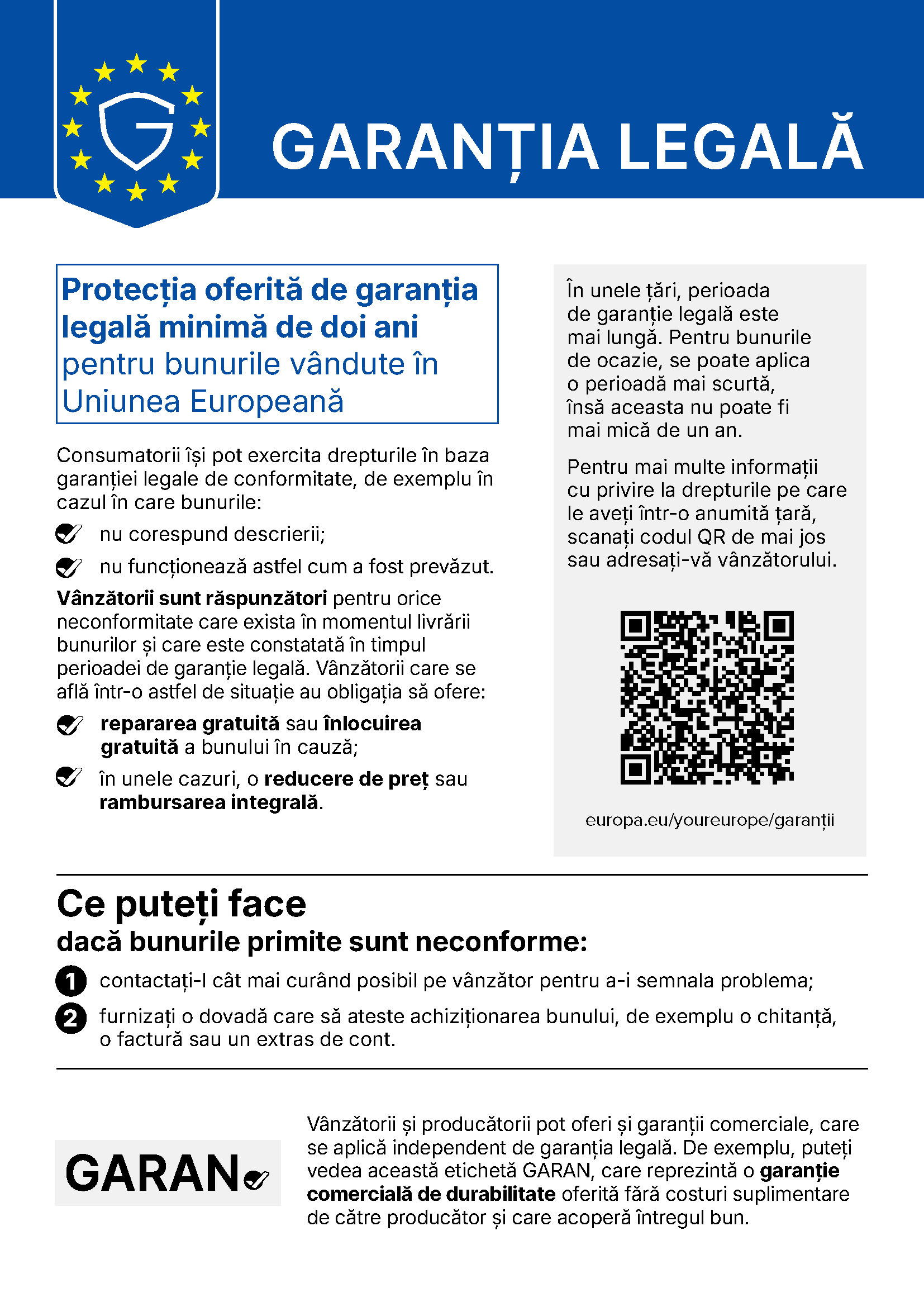 Protecția oferită de garanția legală minimă de doi ani pentru bunurile vândute în Uniunea Europeană – notificarea armonizată a UE privind garanția legală.