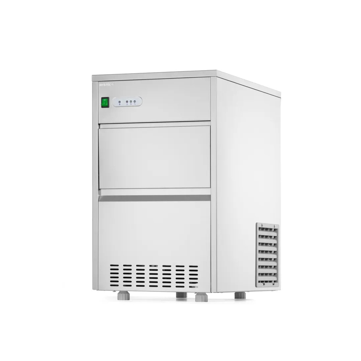 Mașină de gheață Arktic din oțel inoxidabil, albă, compactă, capacitate 26 kg/24h.