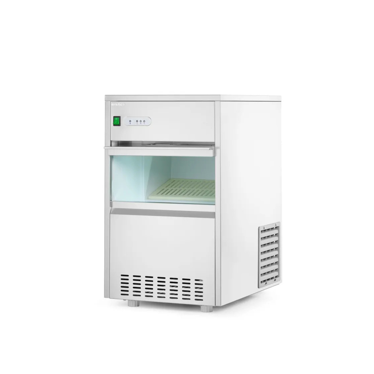 Mașină de gheață Arktic din oțel inoxidabil, albă, compactă, capacitate 26 kg/24h.