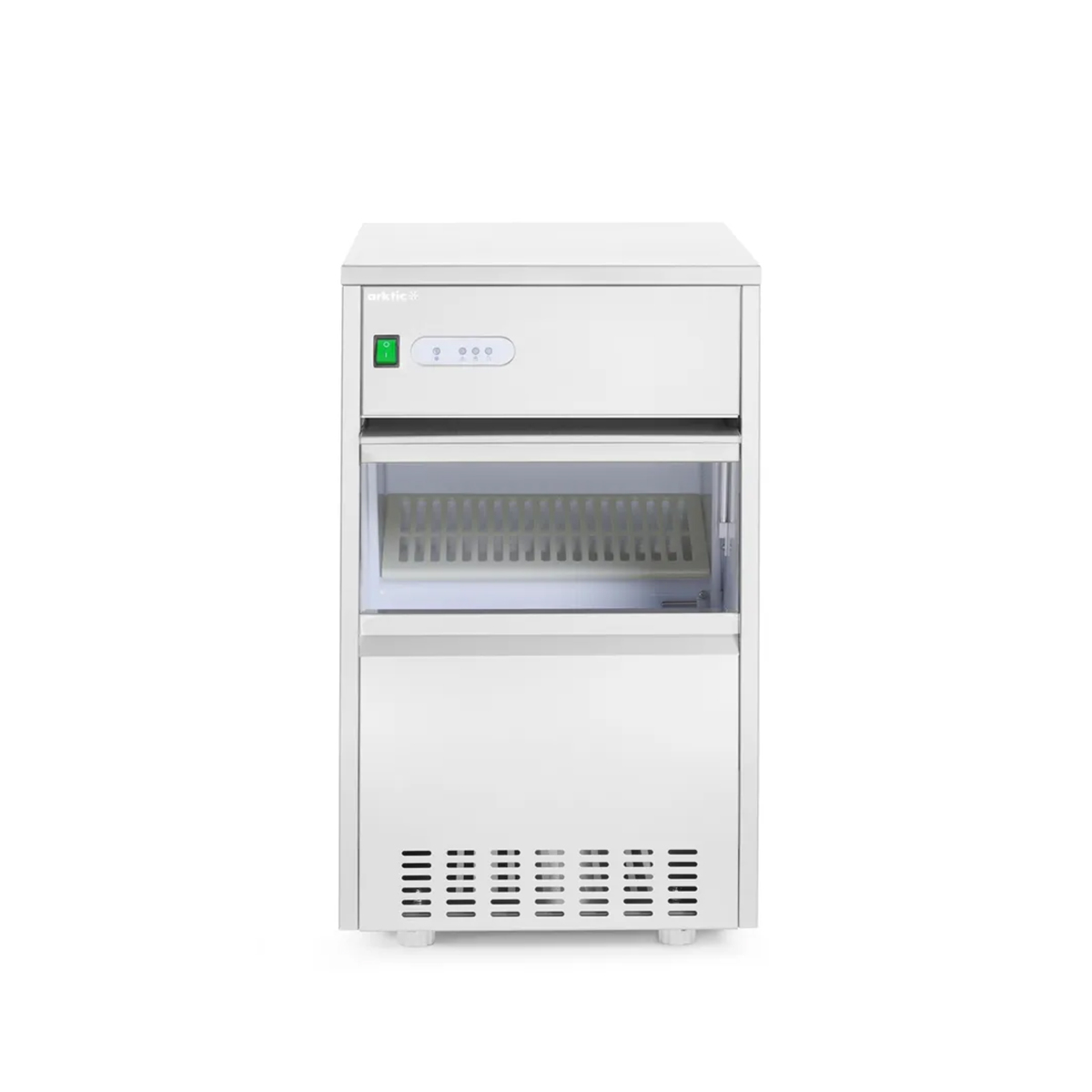 Aparat de făcut gheață Arktic din oțel inoxidabil, cu panou de control și ventilație.