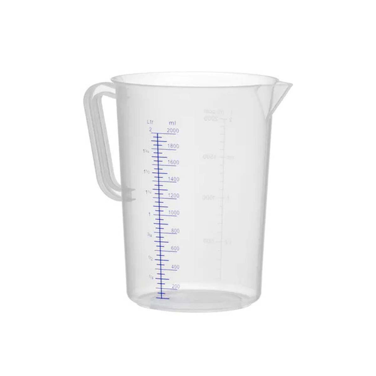Cană gradată transparentă din polipropilenă, 2 l, cu mâner, cioc de turnare și scară albastră ml/l.