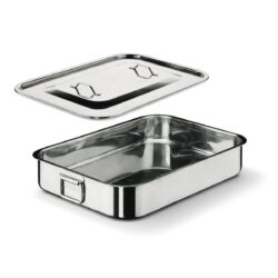 Tavă din inox 60 × 35 × 9 cm, cu mânere laterale, potrivită pentru coacerea cărnii, legumelor și garniturilor. Construcție rezistentă din oțel inoxidabil.