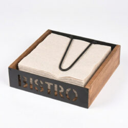 Suportul din lemn pentru șervețele Bistro este un accesoriu practic pentru masă și tejghea. Potrivit pentru locuințe și unități HoReCa, cu dimensiuni de 18 × 18 × 5 cm.