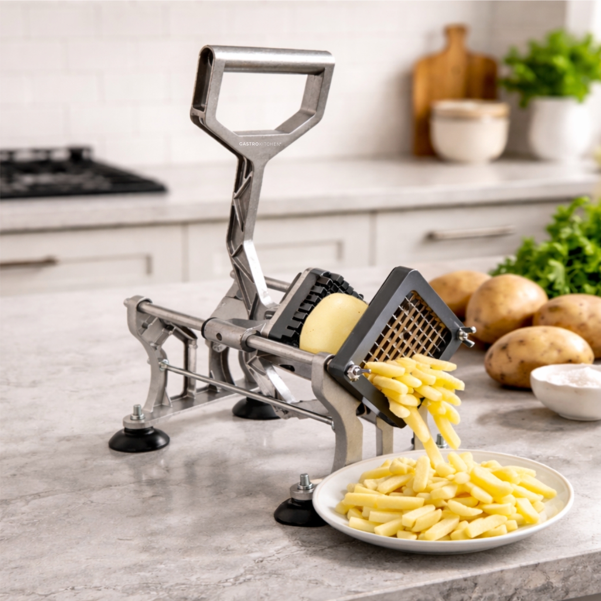 Feliator manual pentru fructe și legume – pentru cartofi prăjiți, cu 3 accesorii de tăiere 6/9/13 mm, acționare cu pârghie fără electricitate, dimensiuni 25,5 x 19,5 x 17 cm.