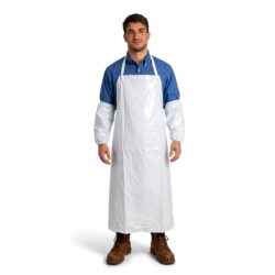 Șorț de protecție alb din PVC cu mâneci, 120 × 80 cm. Șorț practic de lucru pentru protejarea îmbrăcămintei împotriva murdăriei, ușor de întreținut.