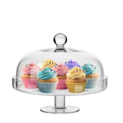 Platoul de servire din sticlă cu capac Elite 28 cm este ideal pentru servirea elegantă a prăjiturilor, deserturilor și gustărilor în unități HoReCa și acasă.