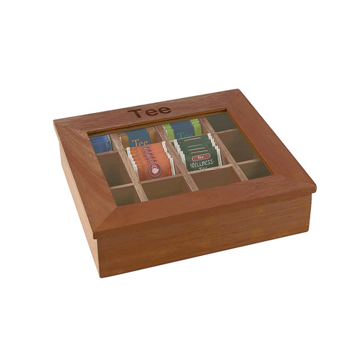 Cutie din lemn pentru ceai – 31 × 28 cm | APS – cutie cu 12 compartimente și fereastră transparentă pentru servirea estetică a ceaiurilor.