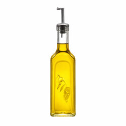Sticlă pentru ulei de 365 ml din sticlă transparentă, cu dop dozator pentru turnare precisă și comodă. Ideală pentru ulei și oțet.