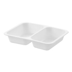 Caserolă meniu sigilabilă cu 2 compartimente, 227 × 178 × 40 mm, în culoare albă, pentru sosuri, garnituri și preparate la pachet. Pachetul conține 50 buc.