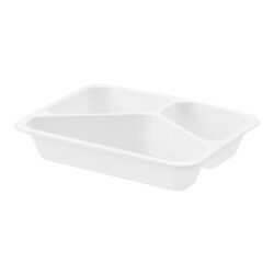 Caserolă meniu sigilabilă cu 3 compartimente, 227 × 178 × 50 mm, în culoare albă, pentru sosuri, garnituri și preparate la pachet. Pachetul conține 50 buc.