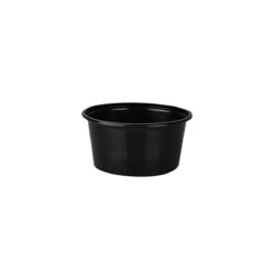 Cupă neagră pentru sosuri și dipuri cu volumul de 80 ml. Potrivită pentru dressinguri, sosuri și dipuri în unități HoReCa și pentru livrarea preparatelor.