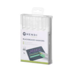 Markere albe pentru tablă Hendi 664209 în set de 5 buc. Vârf teșit 2–6 mm, potrivite pentru panouri de meniu, etichete de preț și suprafețe neporoase.