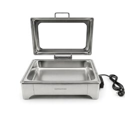 Chafingul electric cu capac din sticlă 9 l GN 1/1 din oțel inoxidabil este ideal pentru servirea și menținerea preparatelor calde în unități HoReCa.