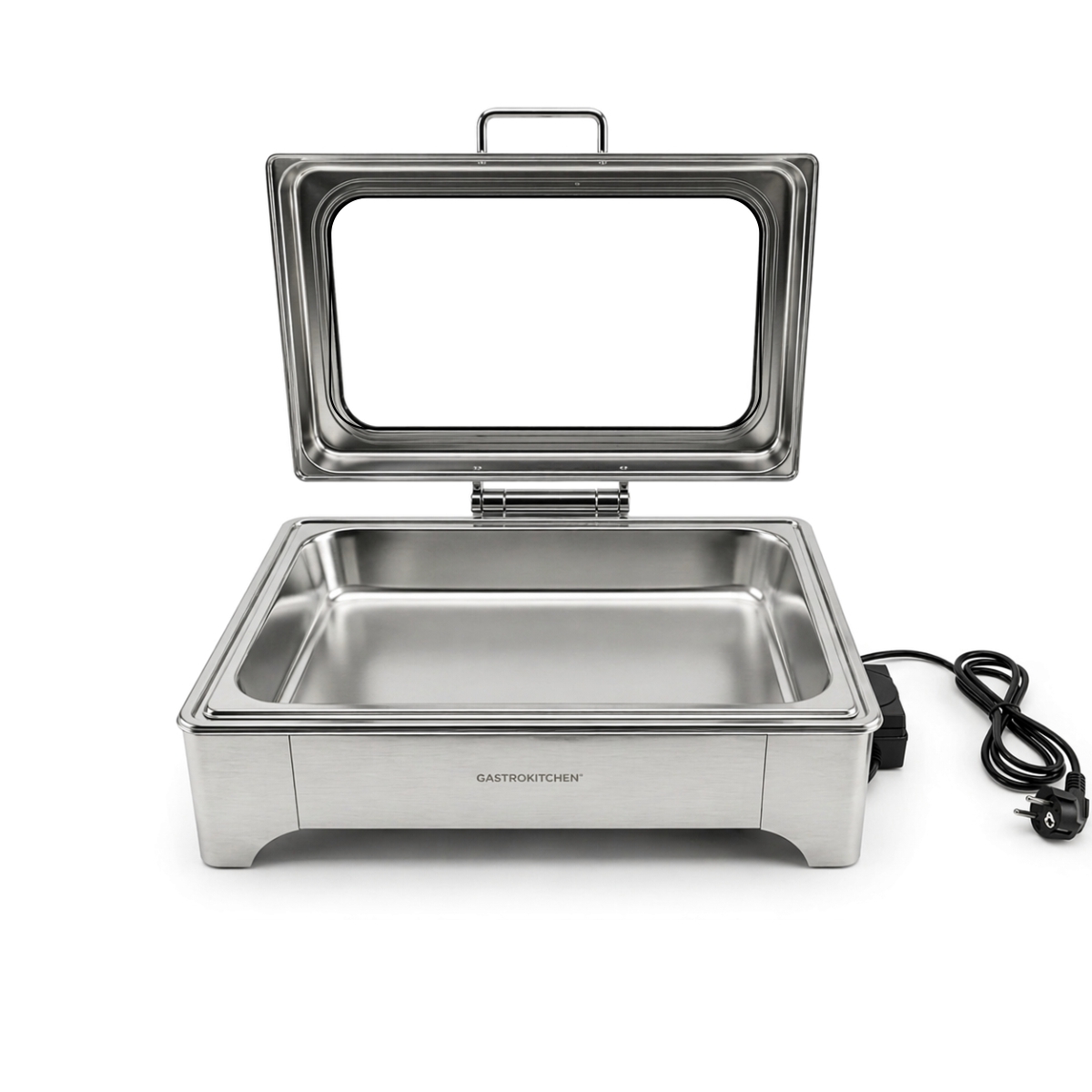 Chafingul electric cu capac din sticlă 9 l GN 1/1 din oțel inoxidabil este ideal pentru servirea și menținerea preparatelor calde în unități HoReCa.