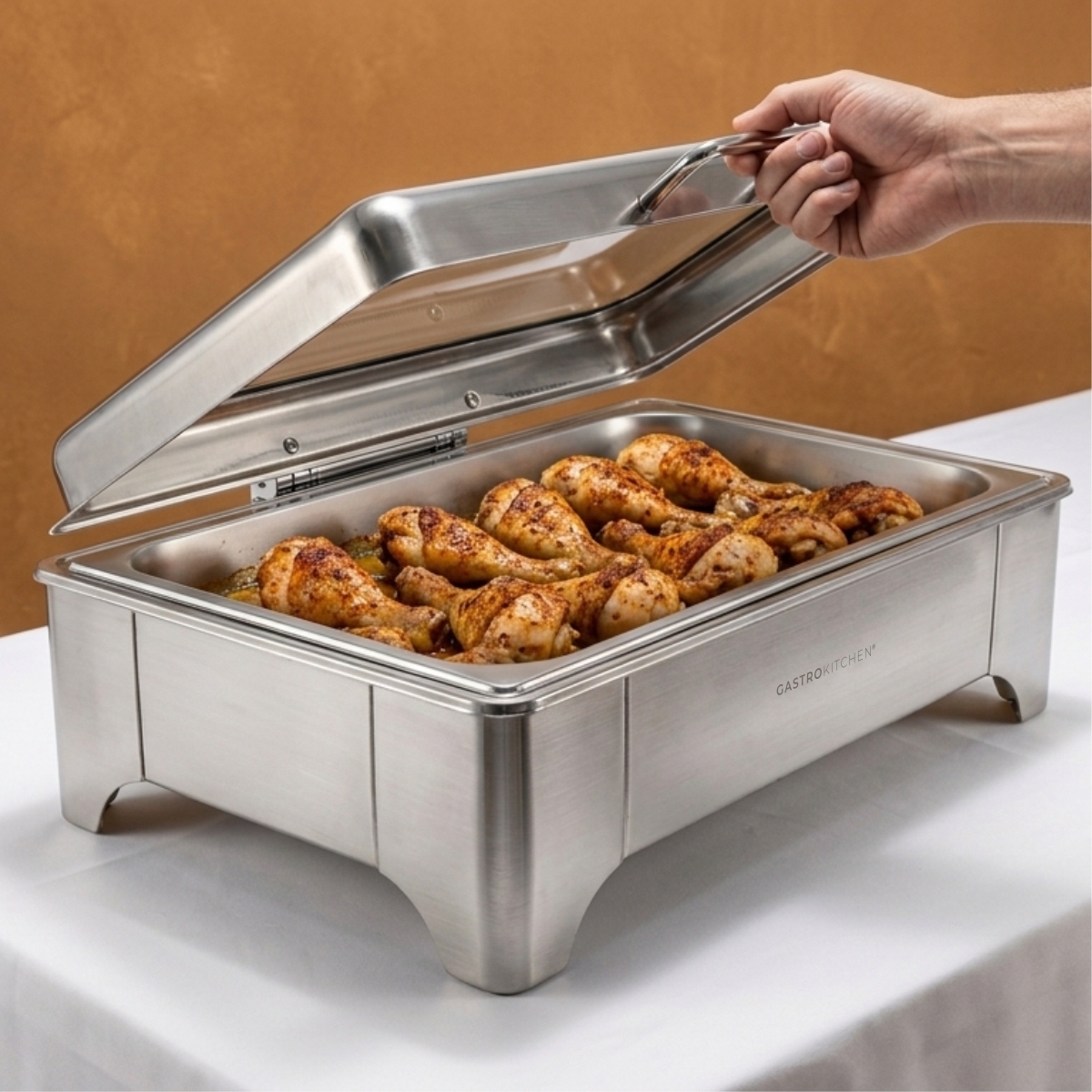 Chafingul electric cu capac din sticlă 9 l GN 1/1 din oțel inoxidabil este ideal pentru servirea și menținerea preparatelor calde în unități HoReCa.