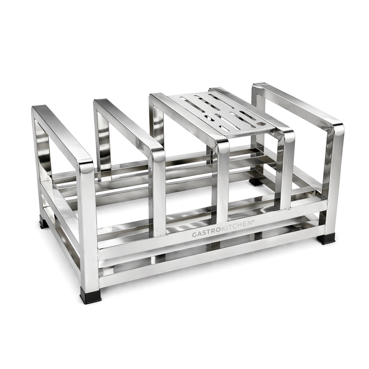 Suport din inox pentru tocătoare și cuțite, cu compartimente solide. Soluție practică pentru organizarea bucătăriei în unități HoReCa și acasă.