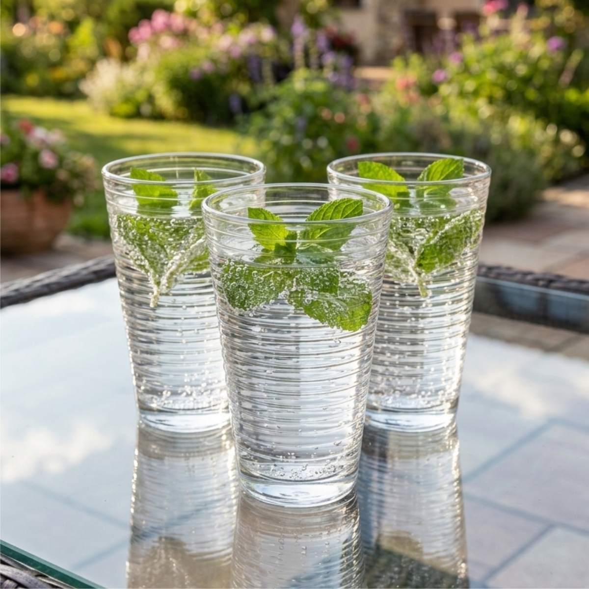 Pahar din sticlă striat pentru apă Gastrokitchen, cu volum de 300 ml. Sticlă transparentă elegantă pentru apă, limonade și alte băuturi reci.