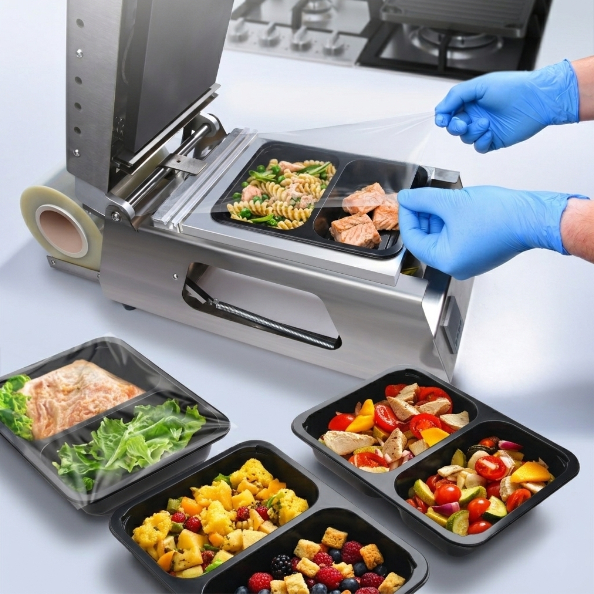 Caserolă meniu sigilabilă cu 2 compartimente, 227 × 178 × 50 mm, în pachet de 50 buc. Potrivită pentru ambalarea, servirea și livrarea preparatelor pentru unități HoReCa.