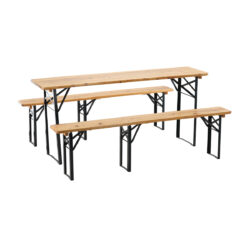 Set de grădină pliabil 177 cm cu masă și 2 bănci. Lemn de pin impregnat și structură pliabilă din oțel pentru depozitare ușoară.