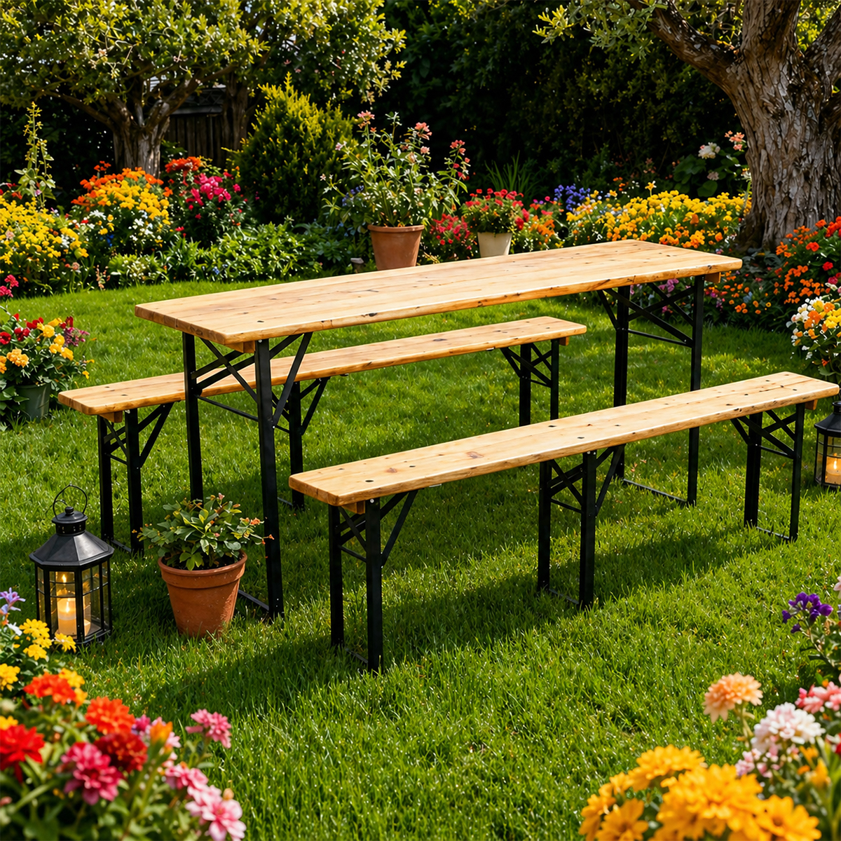 Set de grădină pliabil - 177 cm - masă + 2 bănci