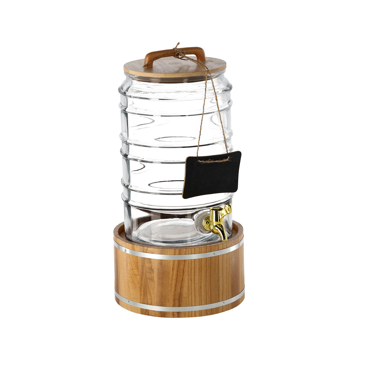 Dozator de băuturi transparent din sticlă 7,5l cu suport din lemn, robinet auriu și tăbliță.