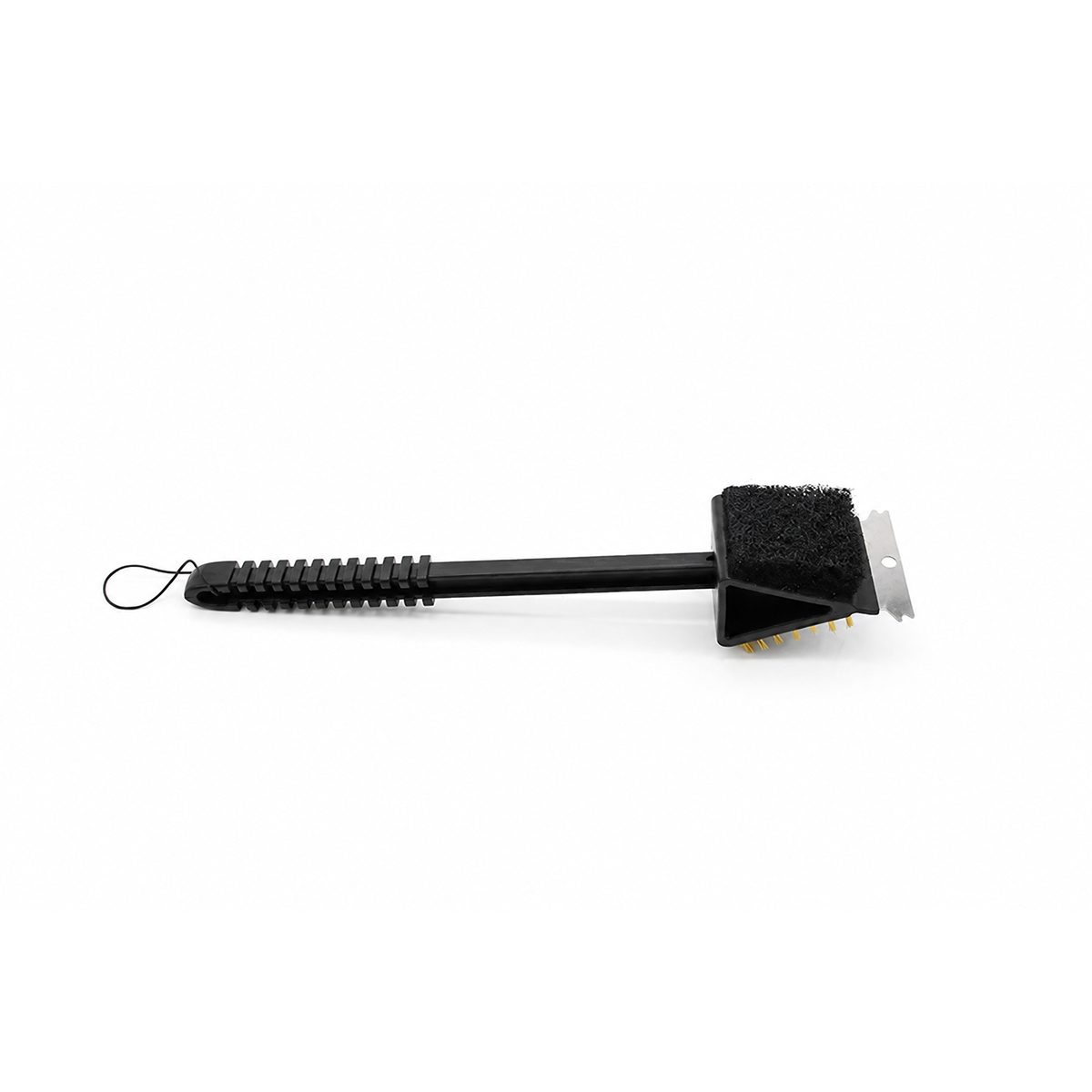 Perie neagră din plastic pentru curățat grătarul cu peri din alamă, burete abraziv și racletă.