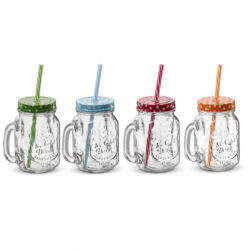 Set 4 pahare de limonadă din sticlă cu capace metalice colorate și paie din plastic, 450 ml.