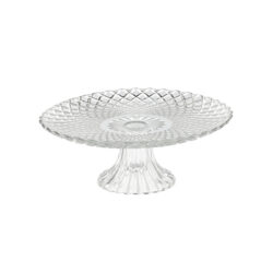 Tavă rotundă de servire din sticlă, cu diametrul de 25 cm și înălțimea de 10 cm, cu model decorativ.