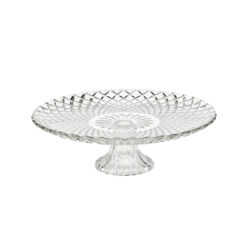 Tavă rotundă de servire din sticlă cu model decorativ pentru prăjituri și gustări, diametru 32 cm.
