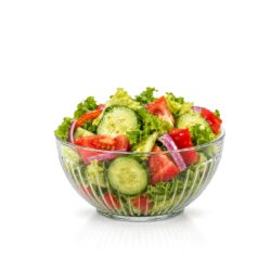 Bol din sticlă cu striații verticale, potrivit pentru salate, garnituri și deserturi.