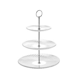 Etajeră elegantă cu trei niveluri, tăvi rotunde din sticlă și structură din oțel.