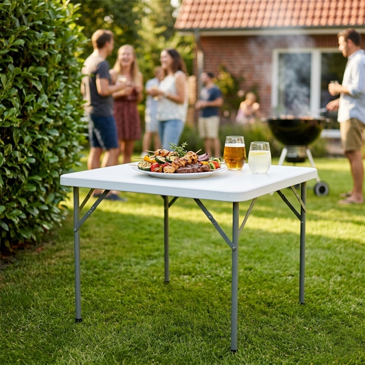 Masă catering pliabilă pătrată albă din polietilenă HDPE, cu picioare metalice.