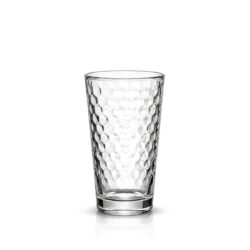 Pahar de apă din sticlă transparentă cu model în relief și fund gros.