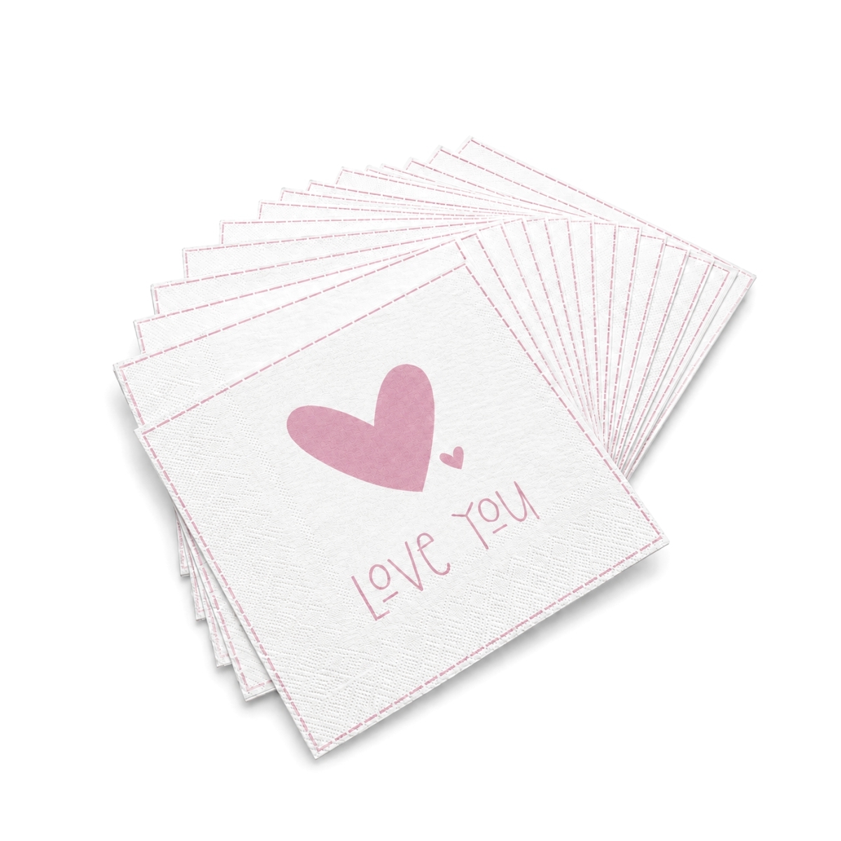 Șervețel alb din hârtie, cu 3 straturi, inimă roz și inscripția Love You, 33x33 cm. Pachet 20 bucăți.