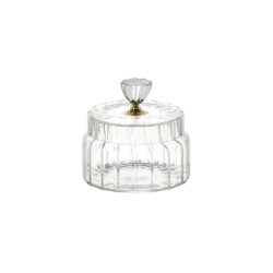 Doză transparentă din sticlă 0,5 l cu nervuri fine și capac din sticlă cu mâner.