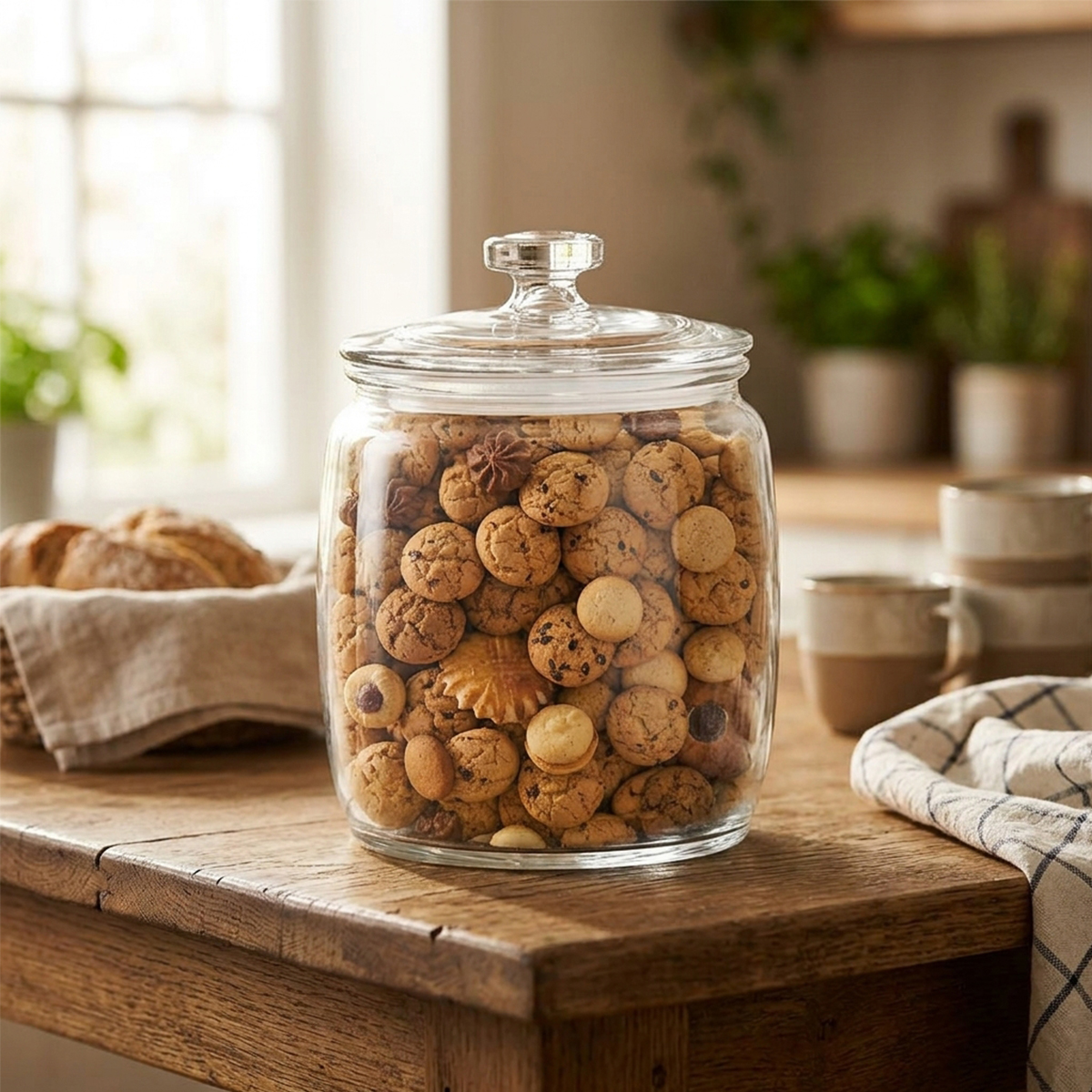 Borcan transparent din sticlă cu capac, volum 2 litri, ideal pentru ierburi și condimente.