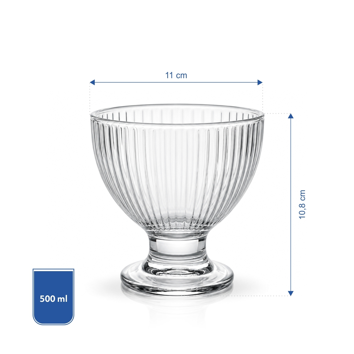 Cupă striată din sticlă pentru înghețată și deserturi, pe picior, cu volum util de 320 ml.