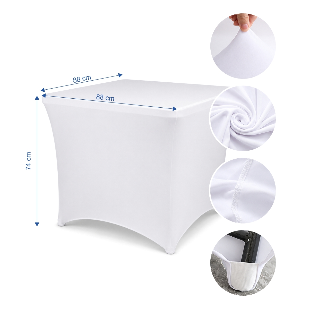 Husă albă elastică pentru masă pătrată 88x88x74 cm, adaptare ușoară.