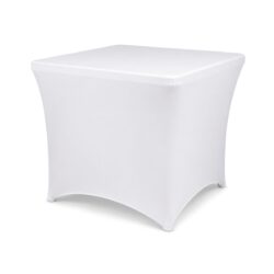 Husă albă elastică pentru masă pătrată 88x88x74 cm, adaptare ușoară.