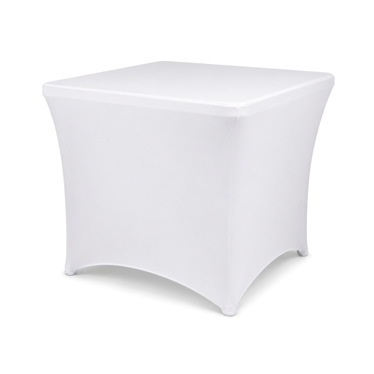 Husă albă elastică pentru masă pătrată 88x88x74 cm, adaptare ușoară.