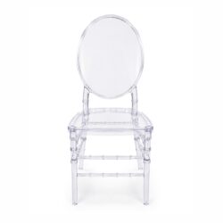 Scaun Ghost transparent din acril, cu spătar oval, ideal pentru evenimente și banchete.