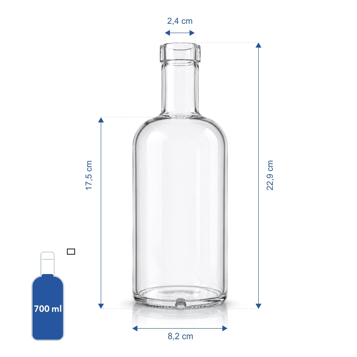 Sticlă transparentă din sticlă 700 ml, formă clasică, cu gât pentru dop de plută.