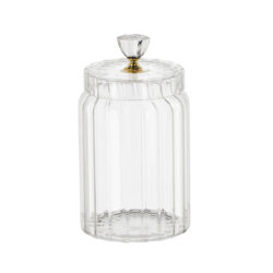 Borcan transparent din sticlă cu nervuri și capac decorativ cu mâner auriu, volum 1,2 l.