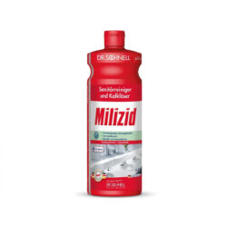 Sticlă roșie din plastic Schnell Milizid 1L, detergent sanitar și detartrant eficient.