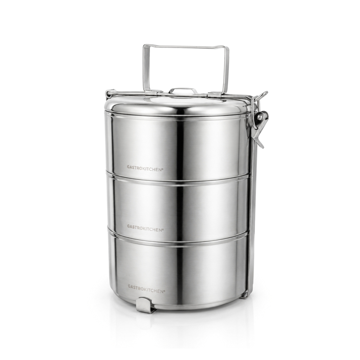 Cutie de prânz Gastrokitchen din oțel inoxidabil, trei niveluri, mâner și închidere laterală, 4,5 l.