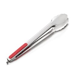 Clește de bucătărie din oțel inoxidabil 201, 34,5 cm, cu mâner roșu din silicon.