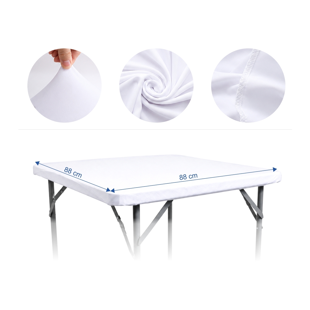Husă elastică albă pătrată pentru masă 88x88 cm, ideală pentru unități HoReCa.