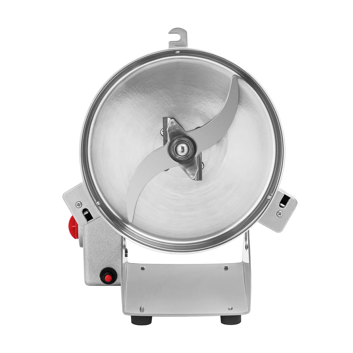 Râșniță electrică profesională Royal Catering din oțel inoxidabil, argintie, cu butoane roșii.