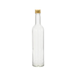 Sticlă clară de cristal 500 ml, subțire, cu fund decorativ și capac auriu cu filet.