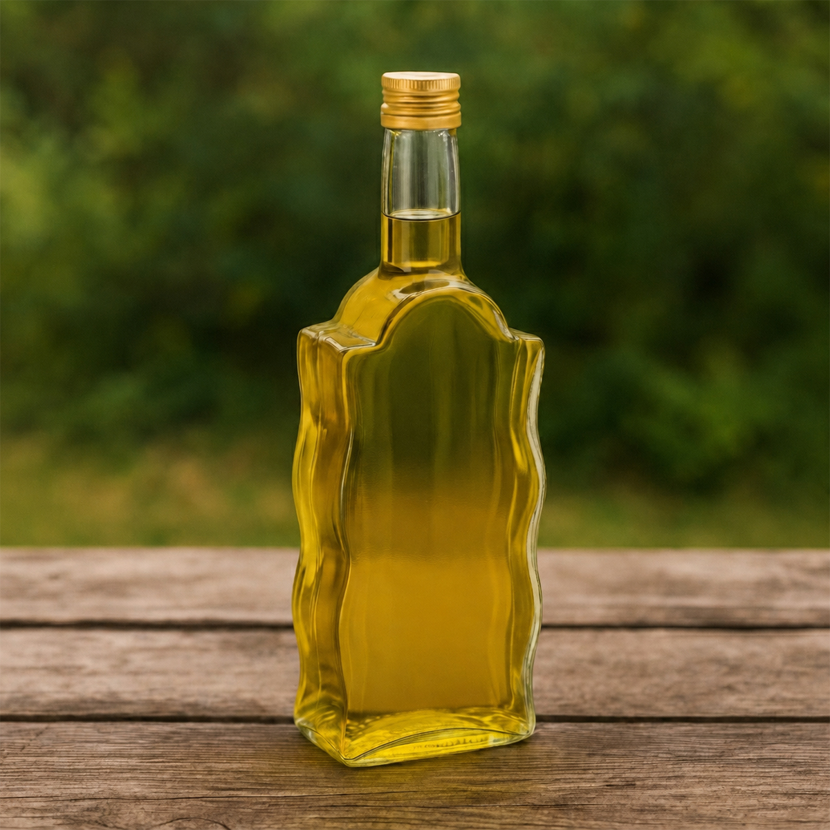 Sticlă elegantă Fala cu capac filetat și capacitate de 200 ml. Potrivită pentru siropuri, lichioruri, băuturi spirtoase și uleiuri.